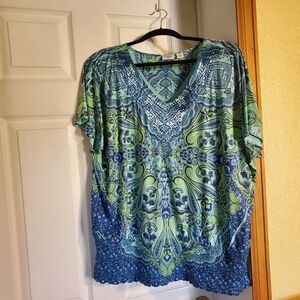 Vibrant Blue and Green Patterned Blouse